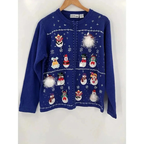 B. P. Design Christmas Holiday Sweater Blue Snowmen Feathers Full Zip Size LARGE - Picture 7 of 14